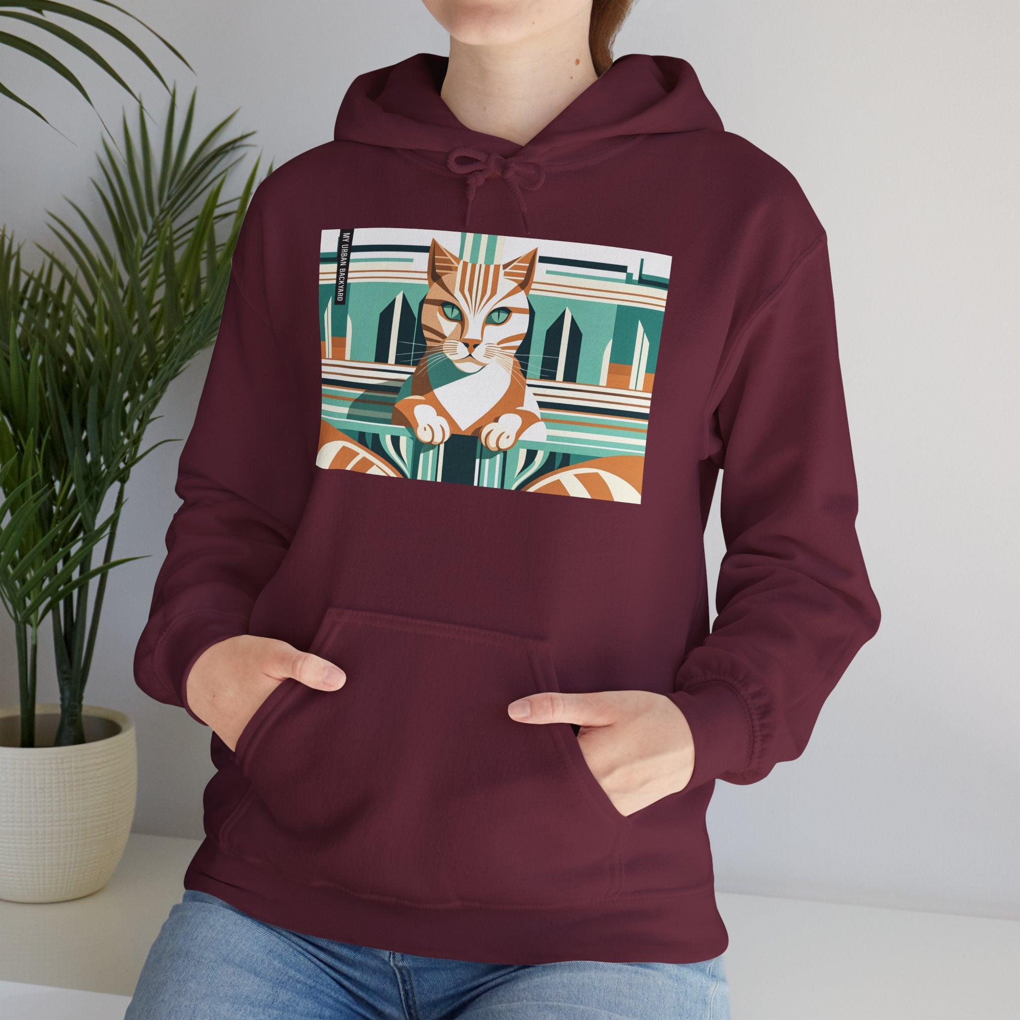 Art Deco Tabby Cat, Unisex Hoodie w Front Pocket