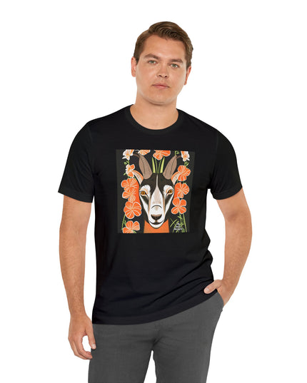 Goat with Orange Flowers, Soft 100% Jersey Cotton T-Shirt, Unisex, Short Sleeve, Retail Fit