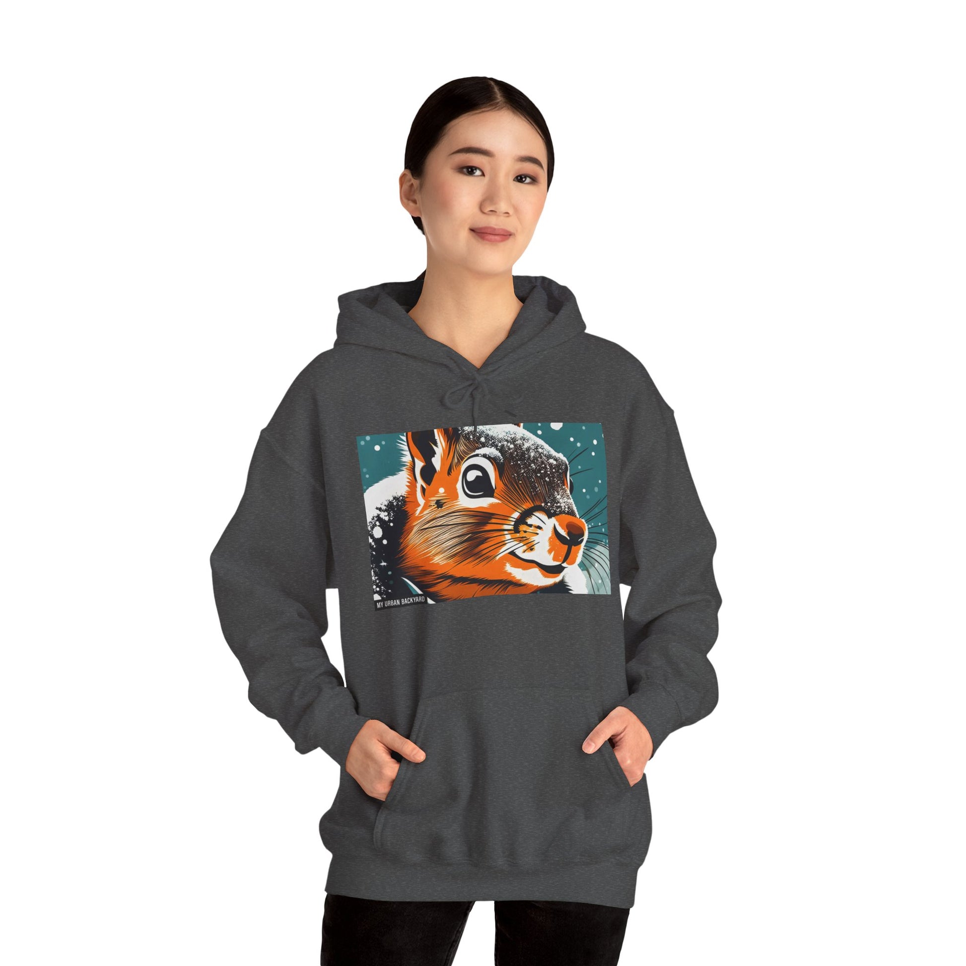 Winter Squirrel Sweatshirt - Unisex Heavy Blend Hooded, Cute Animal Apparel, Winter Fashion, Gift for Nature Lovers, Snowy Days, Cozy Wear