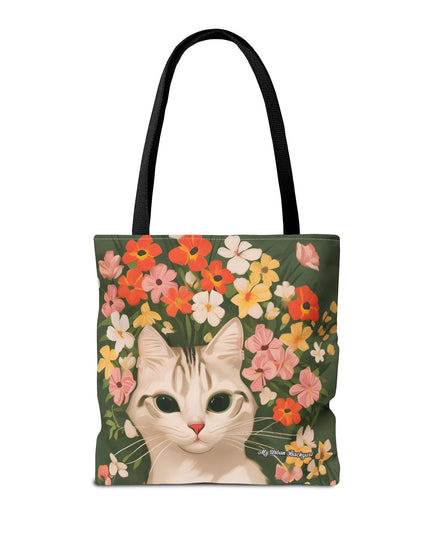 White Cat with Flowers Tote Bag with Cotton Handles For Everyday Use, 3 Sizes