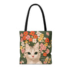 White Cat with Flowers Tote Bag with Cotton Handles For Everyday Use, 3 Sizes