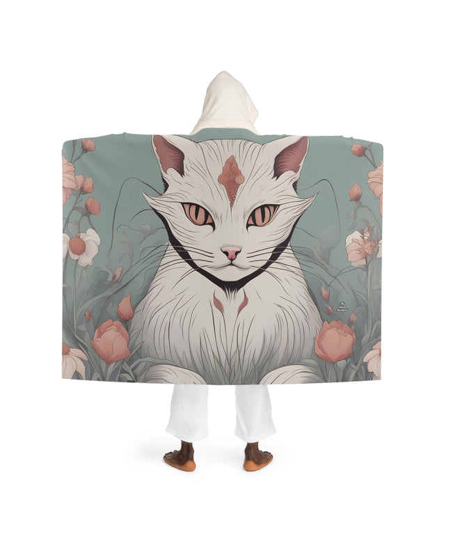 White Cat with Flowers, Cozy Hooded Sherpa Fleece Blanket