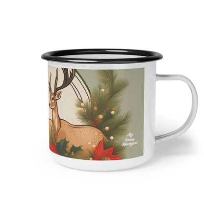 Deer with Evergreen Foliage, Enamel Camping Mug for Coffee, Tea, Cocoa, or Cereal - 12oz