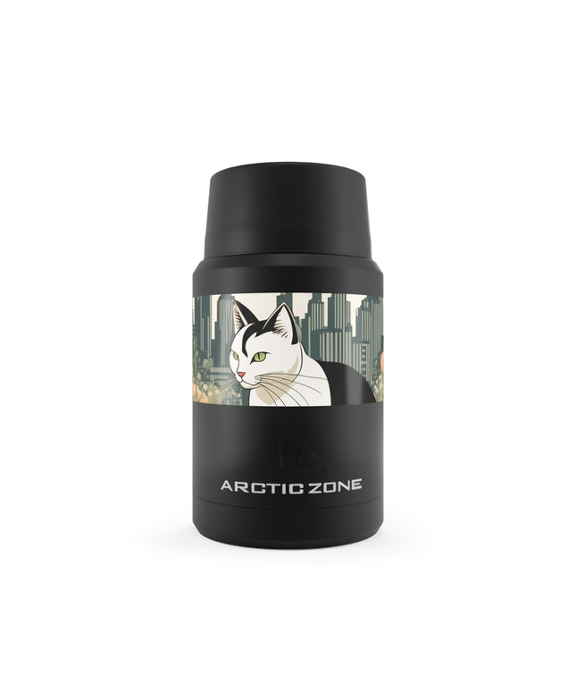 City Cat with Flowers, Reusable Insulated Food Storage Container with Spoon – 16.9oz