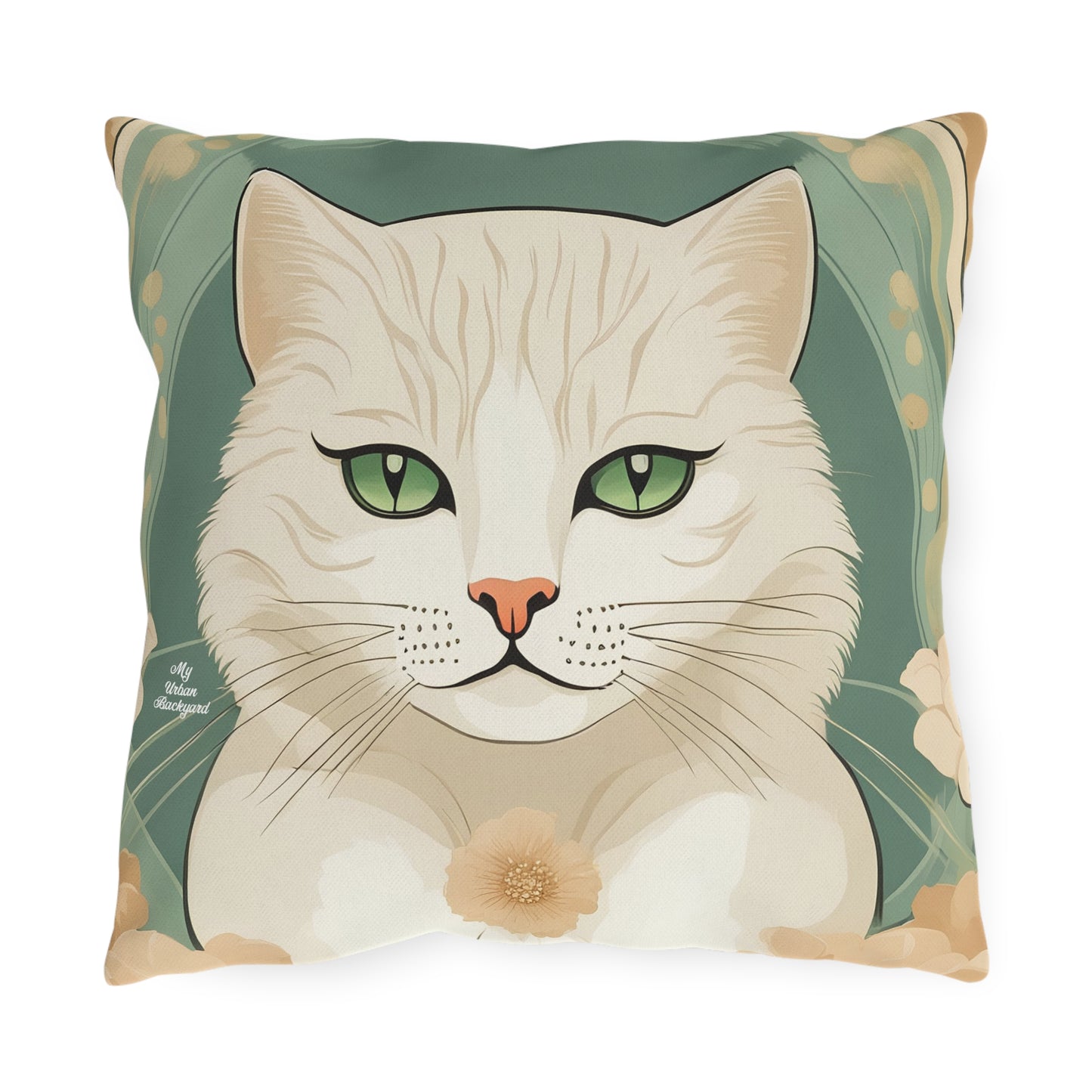 Green-Eyed Cat, Slate Green accent color, Throw Pillow, Indoor/Outdoor Decor for Home or Office