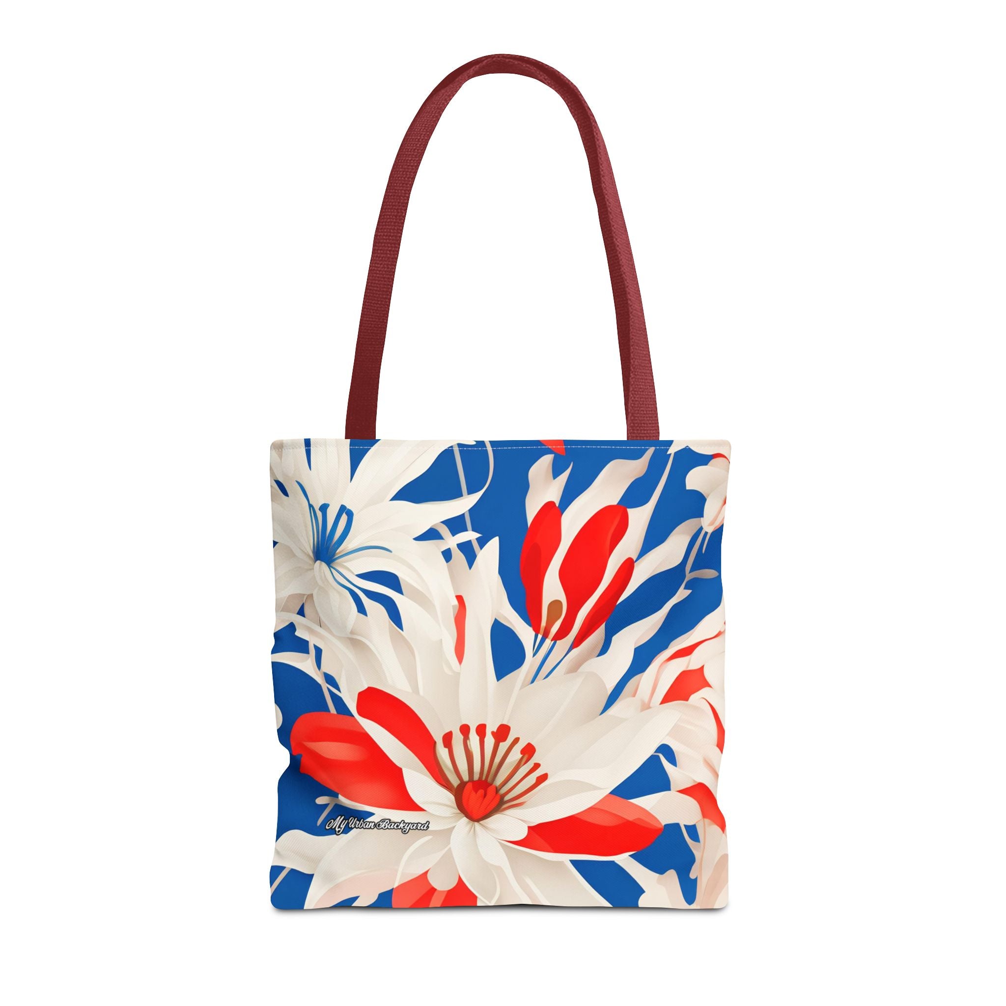 Red White & Blue Flowers Tote Bag with Cotton Handles For Everyday Use, 3 Sizes