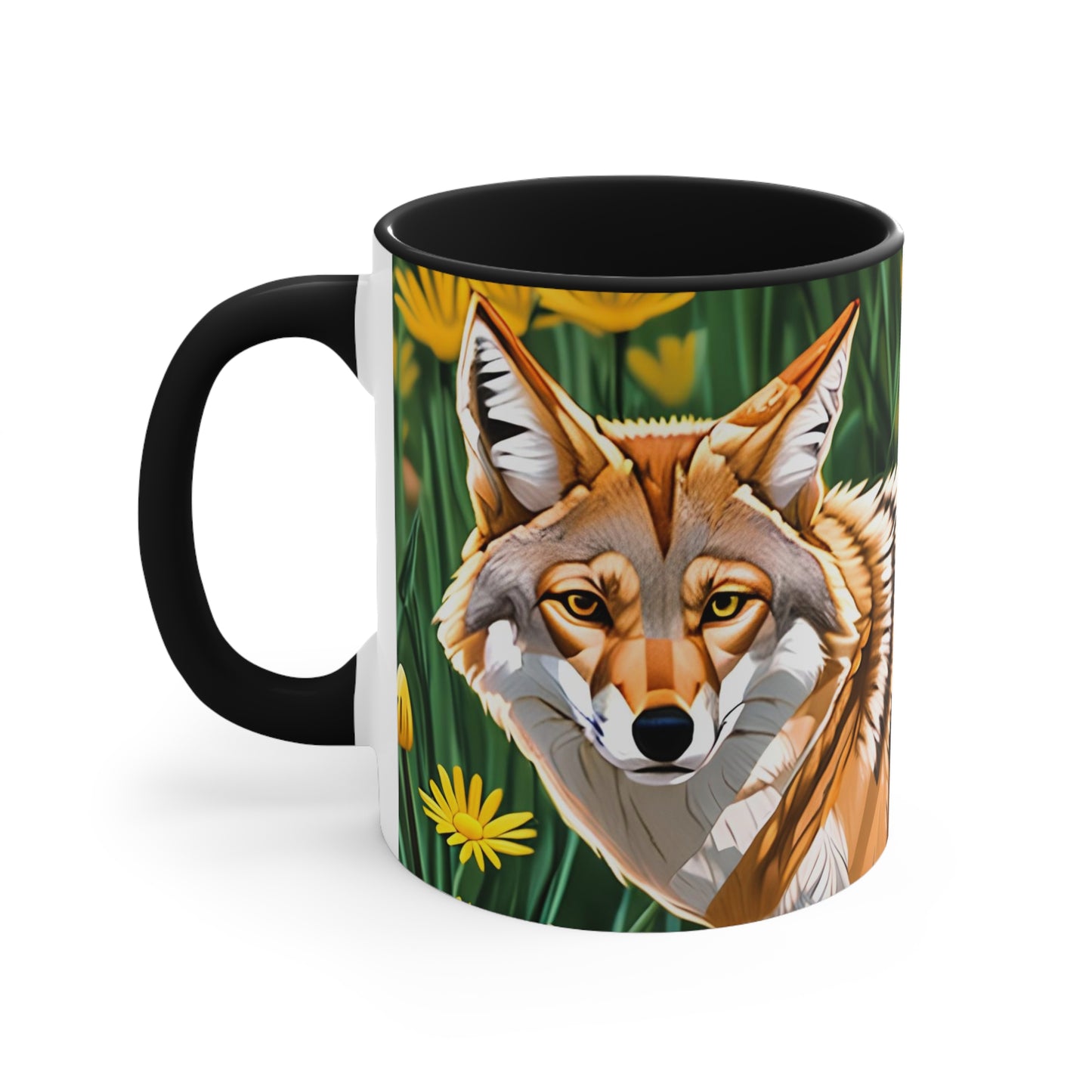 Coyote with Flowers, Ceramic Mug - Perfect for Coffee, Tea, and More!