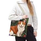 Orange Cat with Flowers, Tote Bag w Cotton Handles