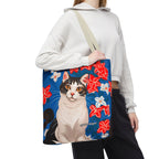 Cat with Red and White Flowers, Tote Bag with Cotton Handles For Everyday Use, 3 Sizes
