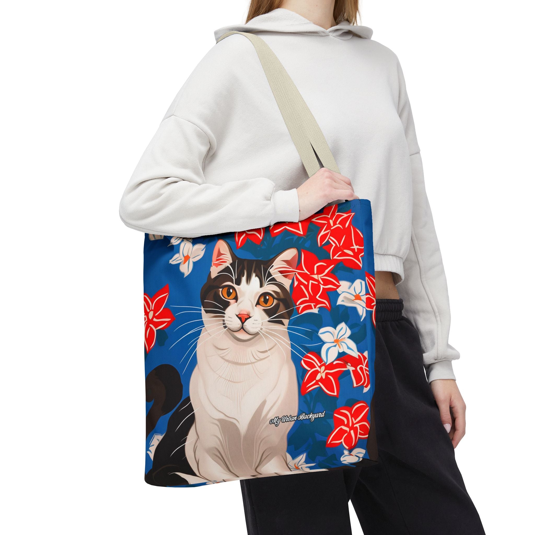 Cat with Red and White Flowers, Tote Bag with Cotton Handles For Everyday Use, 3 Sizes