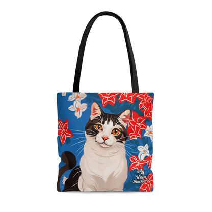 Cat and Red White & Blue Flowers, Tote Bag for Everyday Use - Durable and Functional