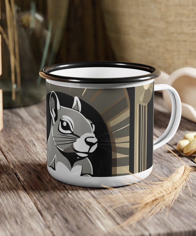 Art Deco Squirrel, Enamel Camping Mug for Coffee, Tea, Cocoa, or Cereal - 12oz