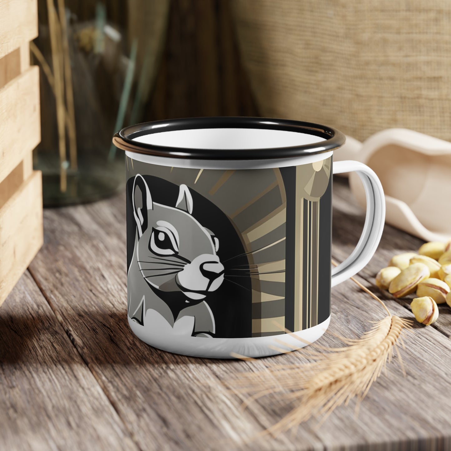 Art Deco Squirrel, Enamel Camping Mug for Coffee, Tea, Cocoa, or Cereal - 12oz