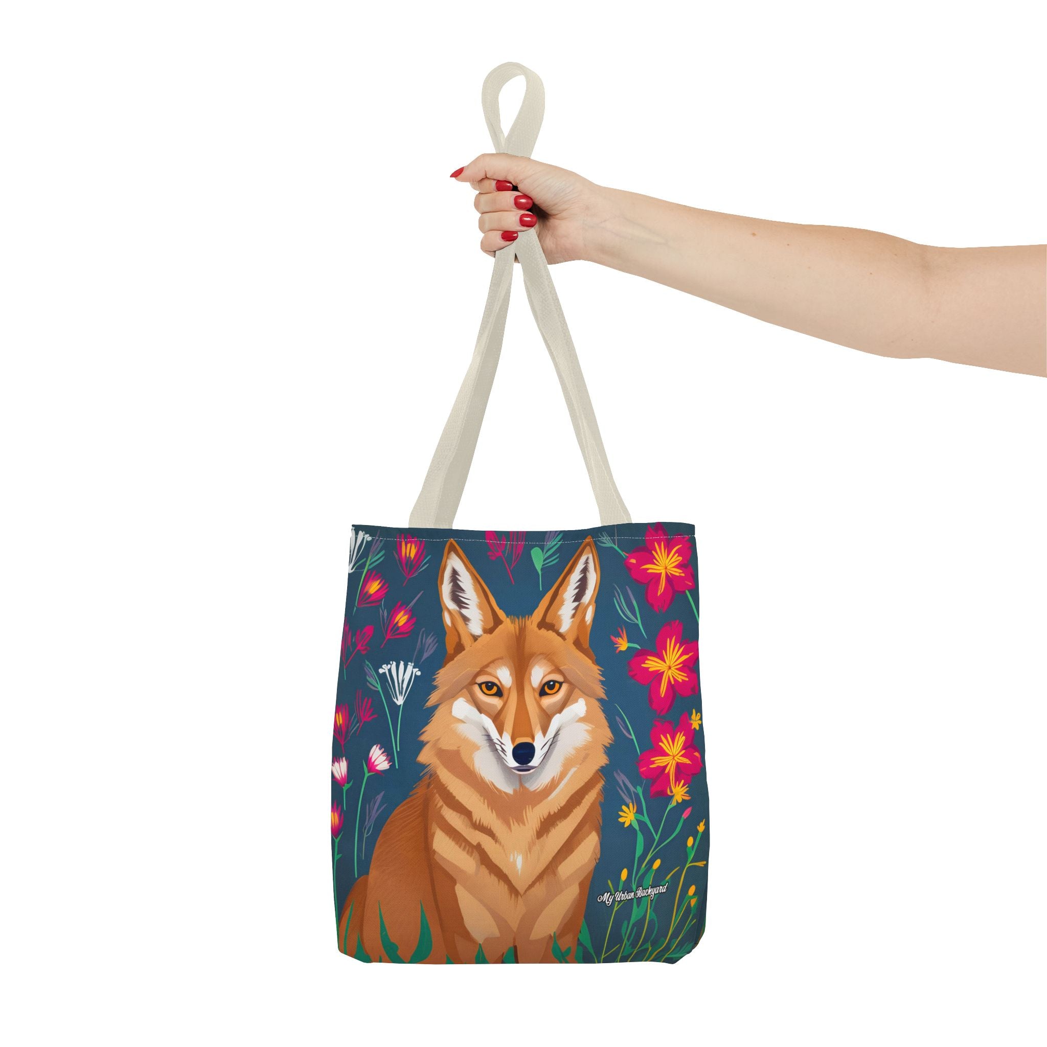 Coyote w Red Flowers Tote Bag with Cotton Handles For Everyday Use, 3 Sizes