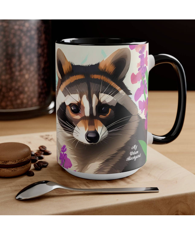 Ceramic Mug for Coffee, Tea, Hot Cocoa. Home/Office, Raccoon w Flowers