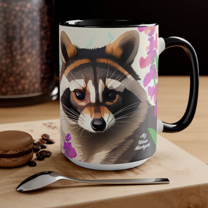 Ceramic Mug for Coffee, Tea, Hot Cocoa. Home/Office, Raccoon w Flowers