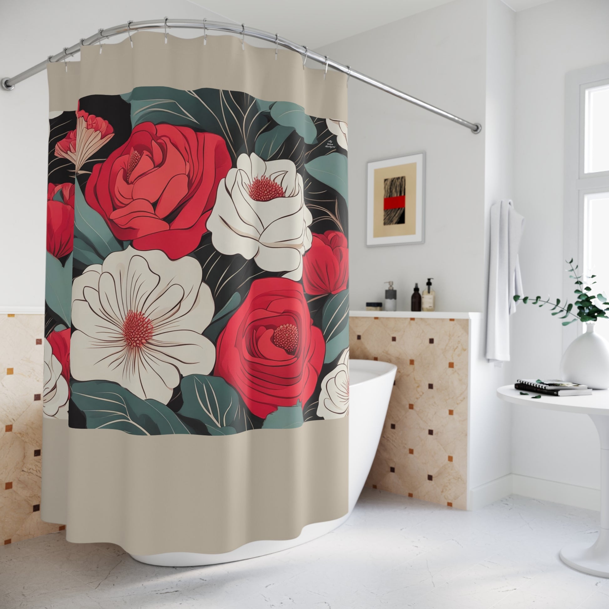Floral Shower Curtain, Boho Bathroom Decor, Flower Pattern, Home Decor, Gift for Her, Romantic Style, Tan accent color - 71" x 74"