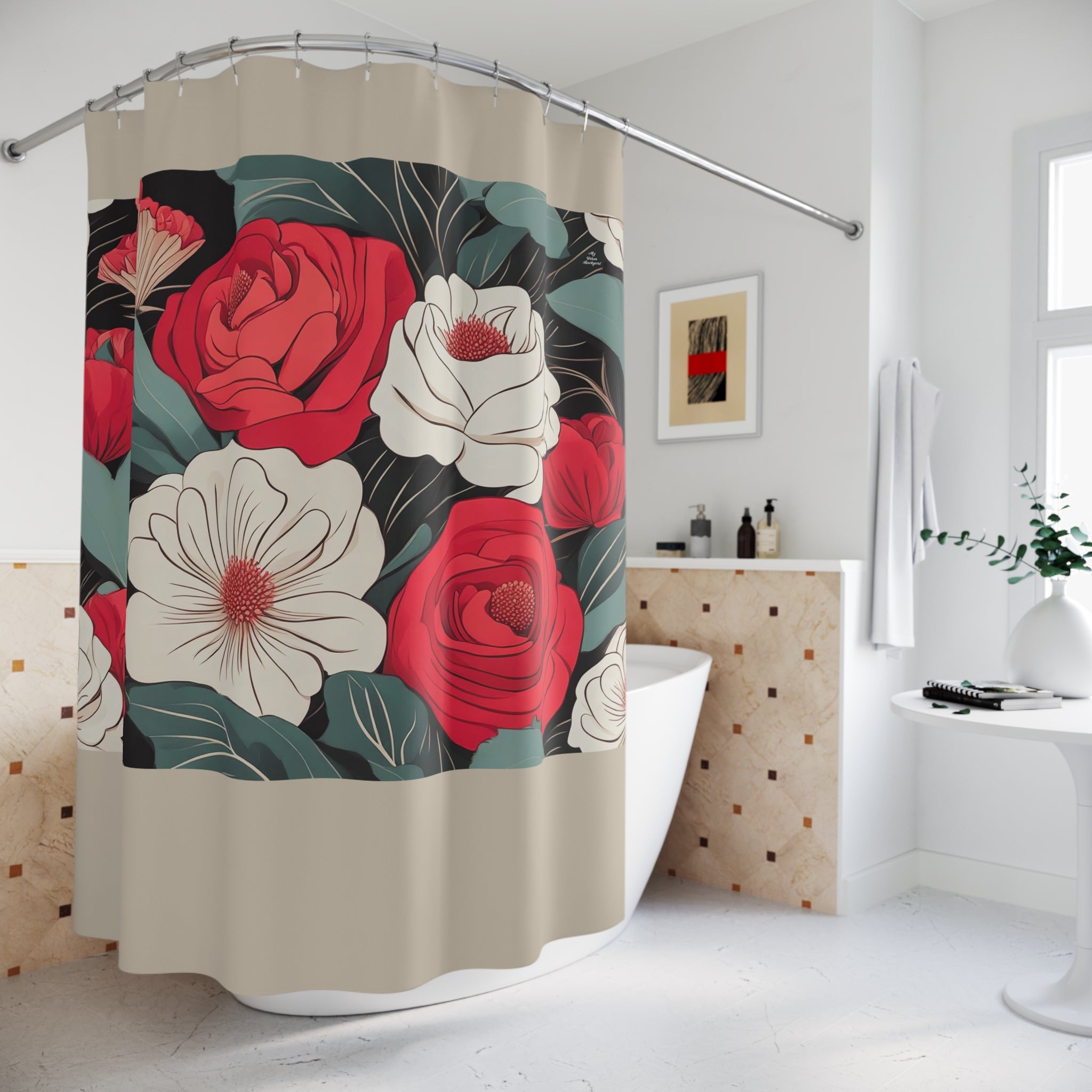 Tan Shower Curtain with Floral Shower Curtain, Gift for Her, Romantic Style - 71" x 74"