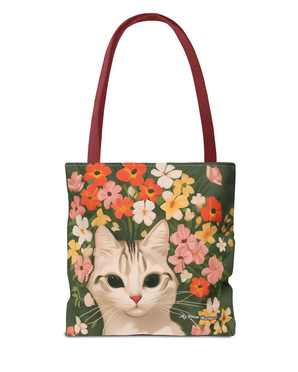 White Cat with Flowers Tote Bag with Cotton Handles For Everyday Use, 3 Sizes