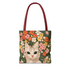 White Cat with Flowers Tote Bag with Cotton Handles For Everyday Use, 3 Sizes