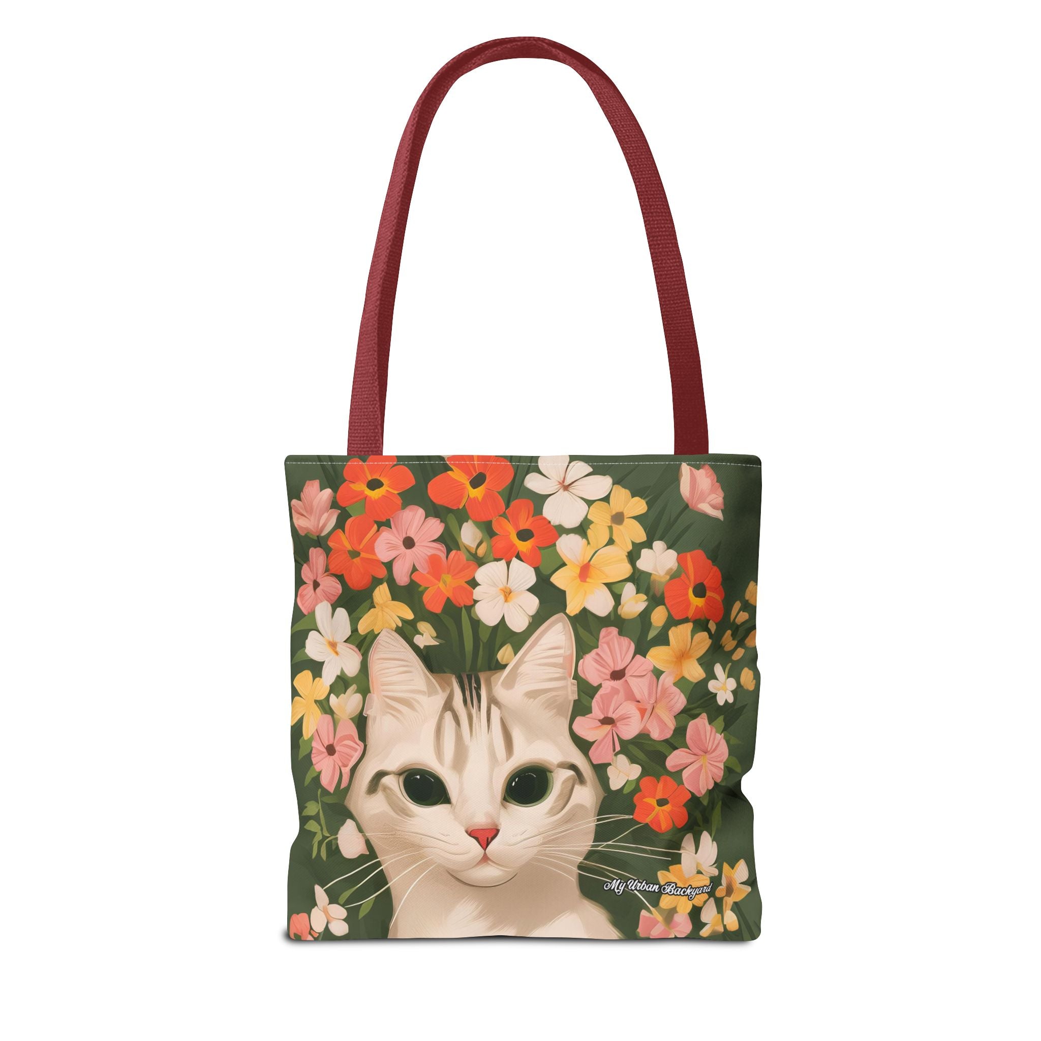 White Cat with Flowers Tote Bag with Cotton Handles For Everyday Use, 3 Sizes