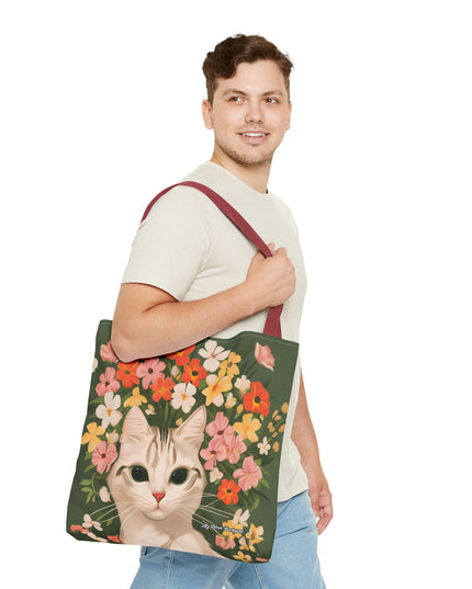 White Cat with Flowers Tote Bag with Cotton Handles For Everyday Use, 3 Sizes