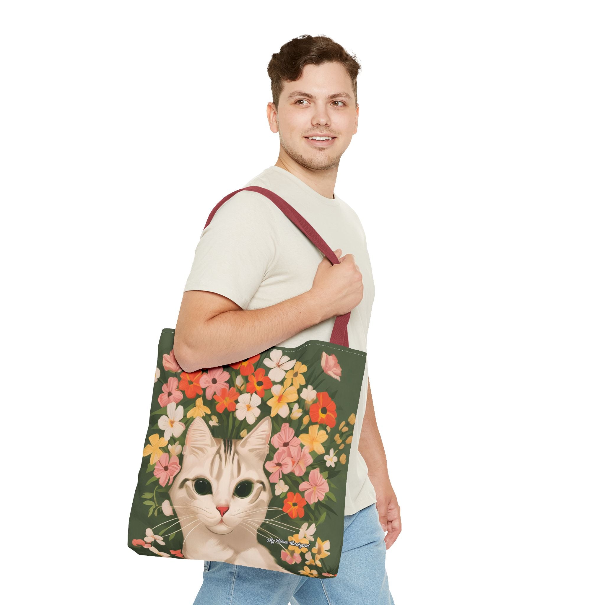 White Cat with Flowers Tote Bag with Cotton Handles For Everyday Use, 3 Sizes