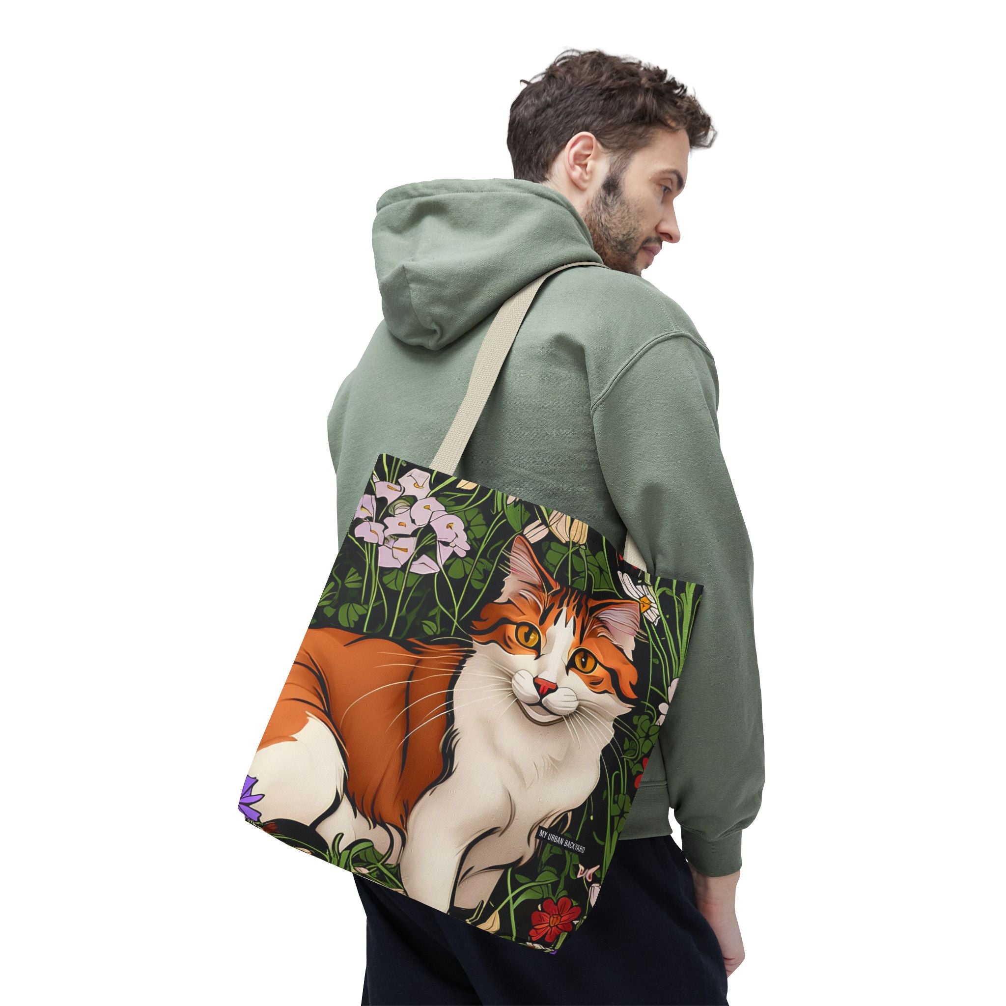 Orange Cat with Flowers, Tote Bag w Cotton Handles
