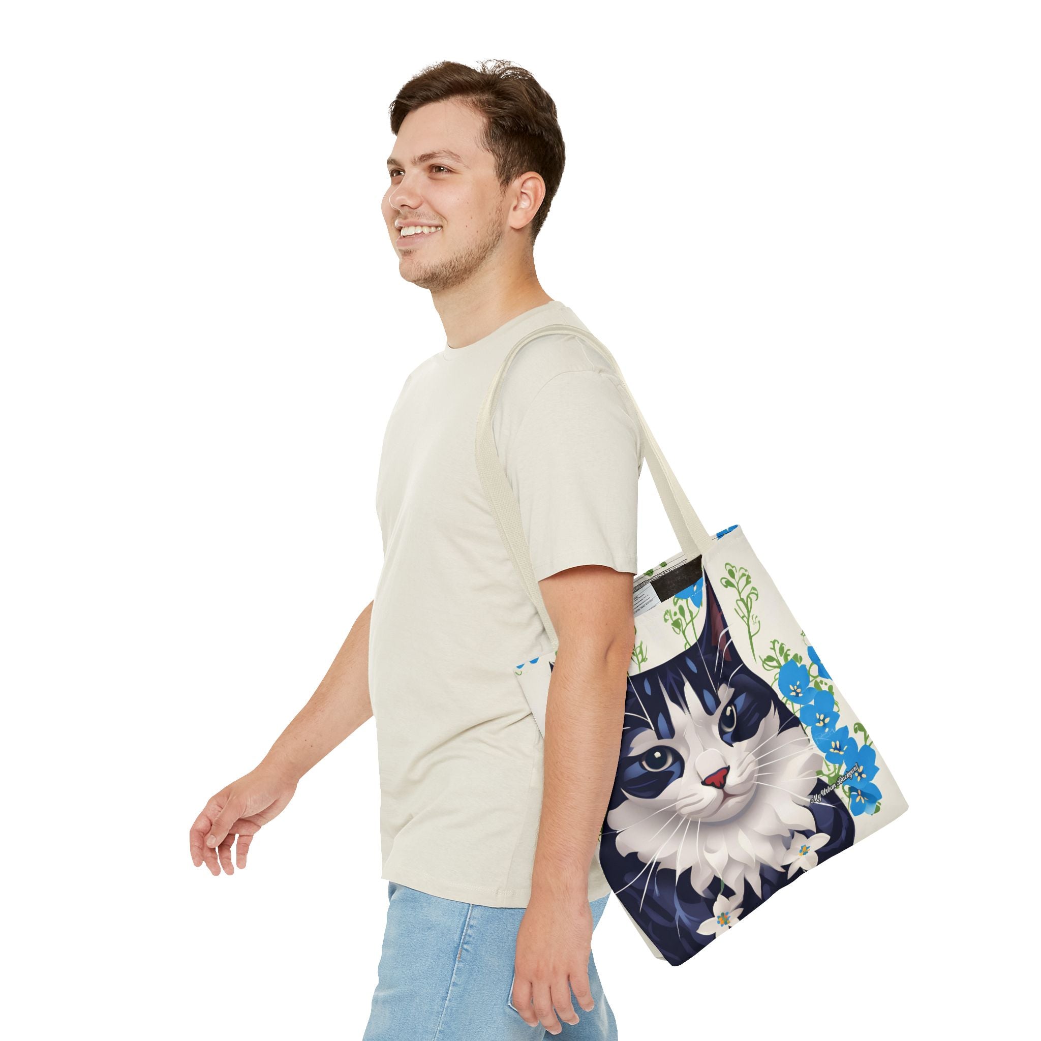 Cat and Blue Flowers Tote Bag with Cotton Handles For Everyday Use, 3 Sizes