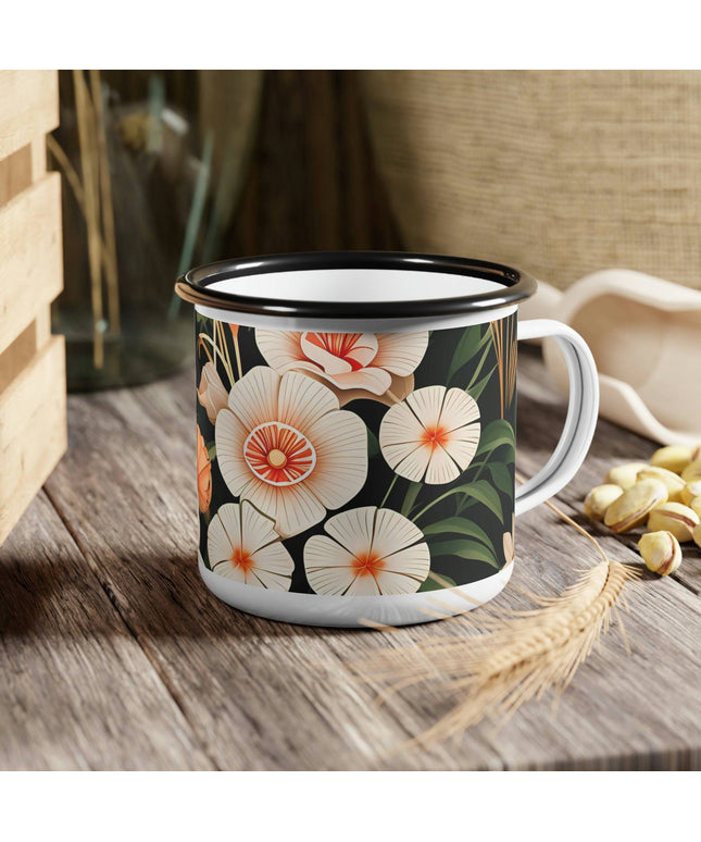 Enamel Camping Mug for Coffee, Tea, Hot Cocoa, Cereal, 12oz, Art Deco Flowers