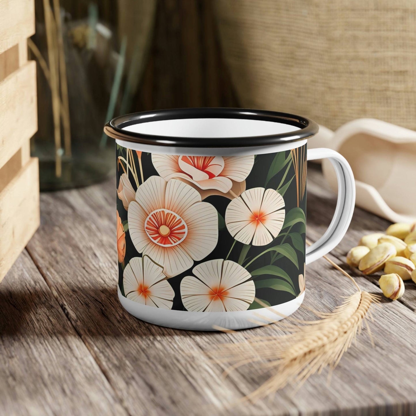 Enamel Camping Mug for Coffee, Tea, Hot Cocoa, Cereal, 12oz, Art Deco Flowers