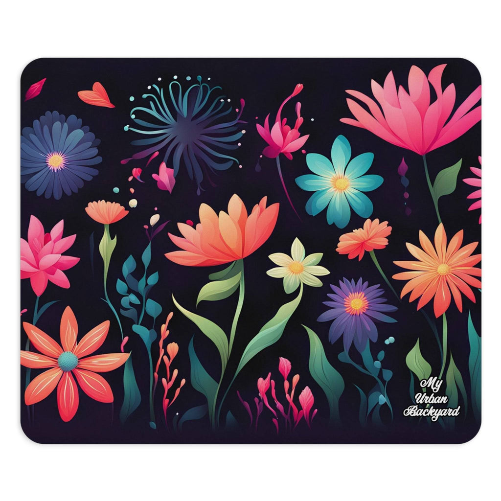 Computer Mouse Pad, Non-slip rubber bottom, Colorful Flowers on Black