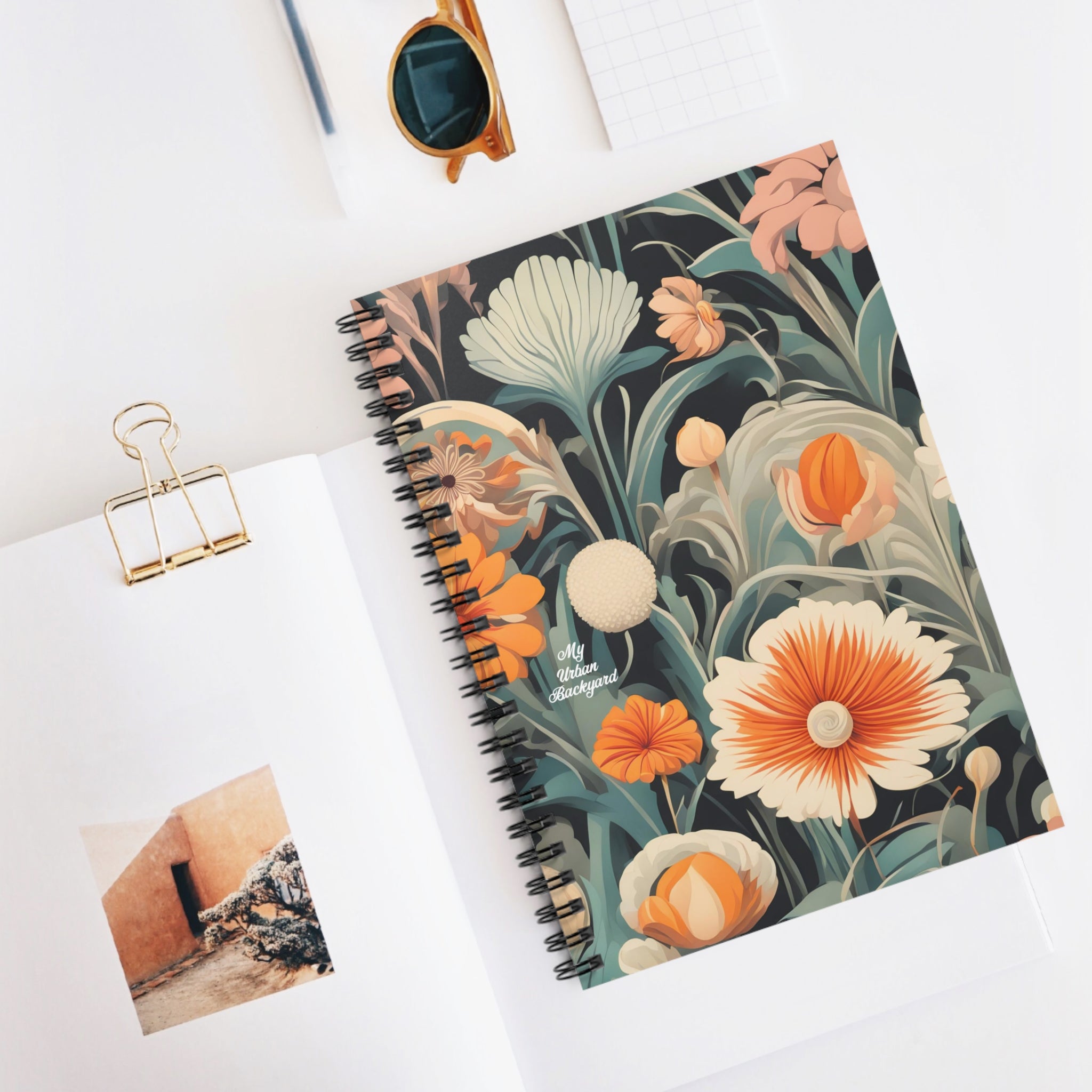 Orange and White Flowers, Spiral Notebook Writing Journal - 118 Ruled Pages