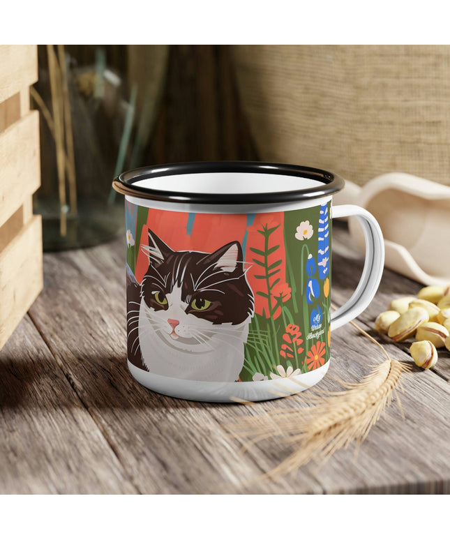 Enamel Camping Mug for Coffee, Tea, Hot Cocoa, Cereal, 12oz, Cat w Wildflowers
