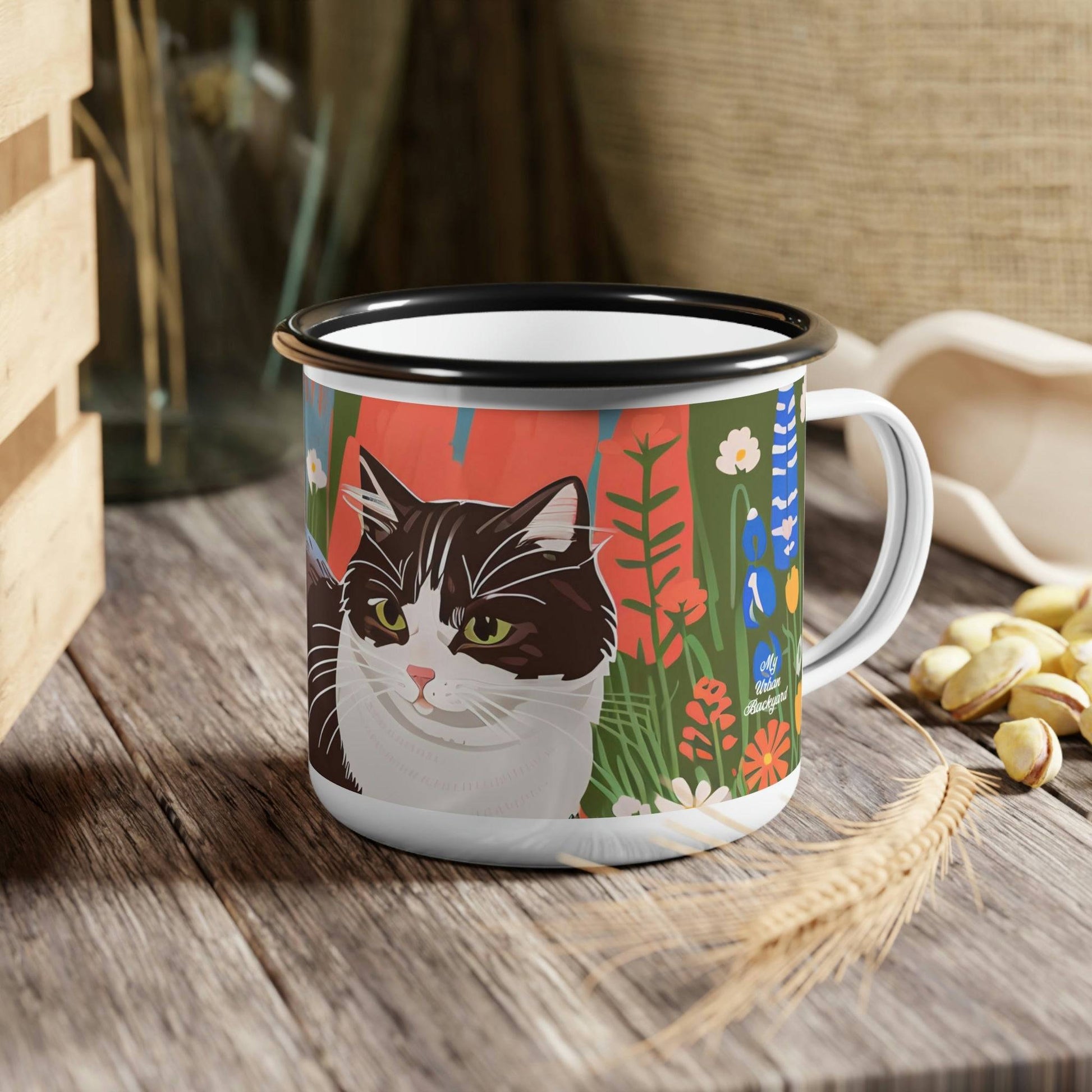 Enamel Camping Mug for Coffee, Tea, Hot Cocoa, Cereal, 12oz, Cat w Wildflowers