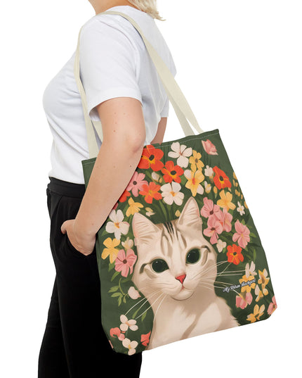 White Cat with Flowers Tote Bag with Cotton Handles For Everyday Use, 3 Sizes