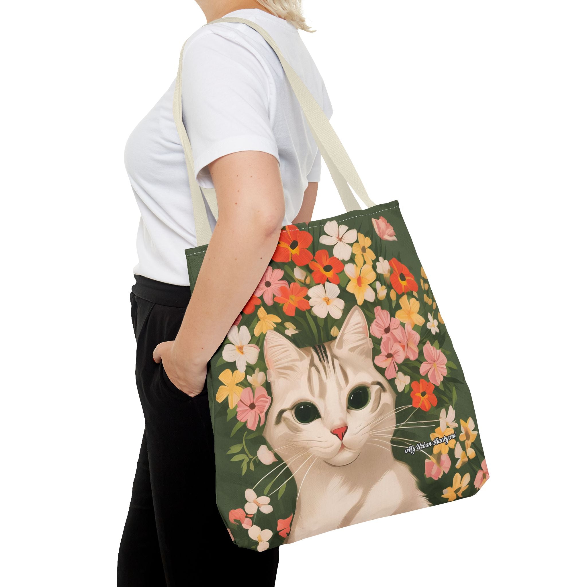 White Cat with Flowers Tote Bag with Cotton Handles For Everyday Use, 3 Sizes