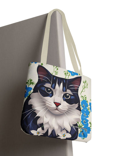 Cat and Blue Flowers Tote Bag with Cotton Handles For Everyday Use, 3 Sizes