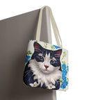 Cat and Blue Flowers Tote Bag with Cotton Handles For Everyday Use, 3 Sizes