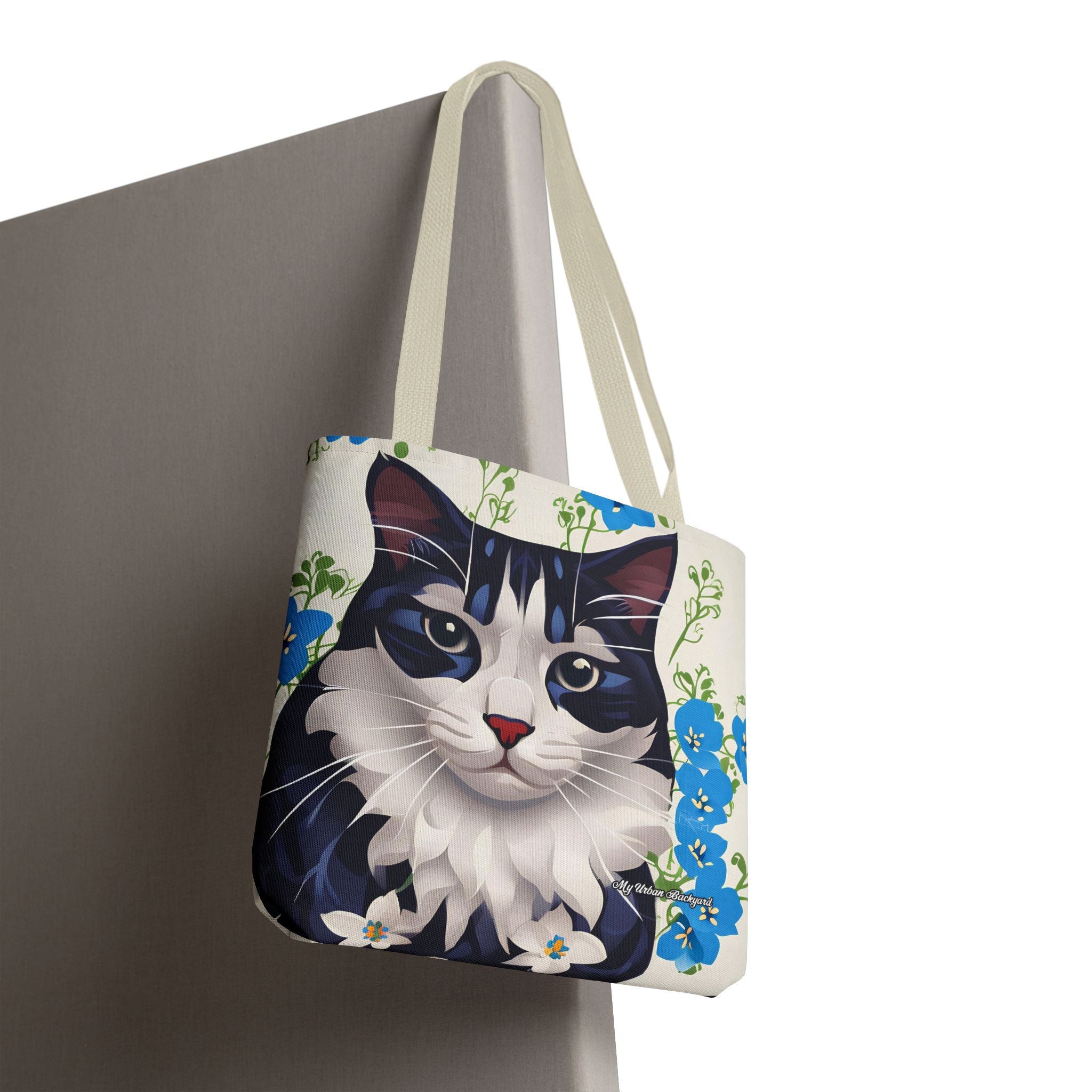 Cat and Blue Flowers Tote Bag with Cotton Handles For Everyday Use, 3 Sizes