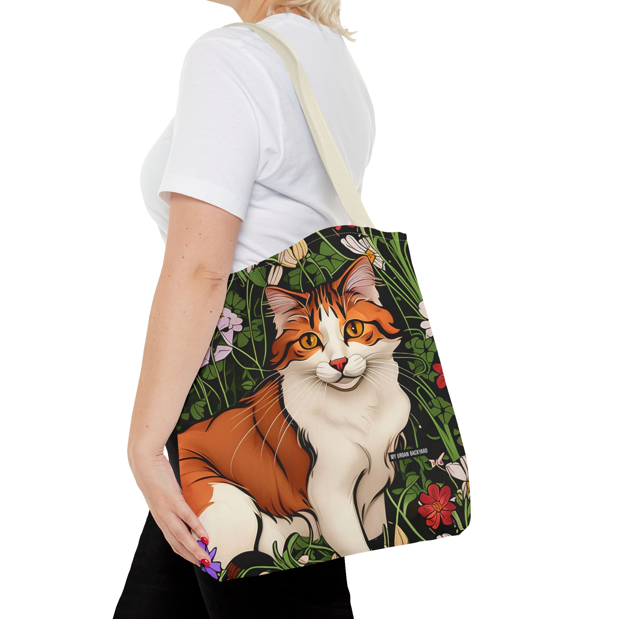 Orange Cat with Flowers, Tote Bag w Cotton Handles