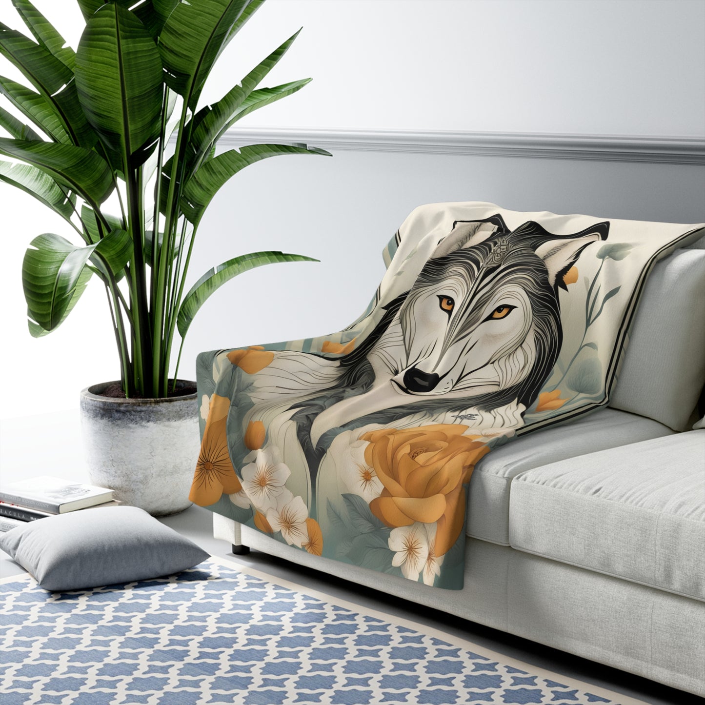 Orange-Eyed Wolf, Sherpa Fleece Blanket for Cozy Warmth, 50"x60"