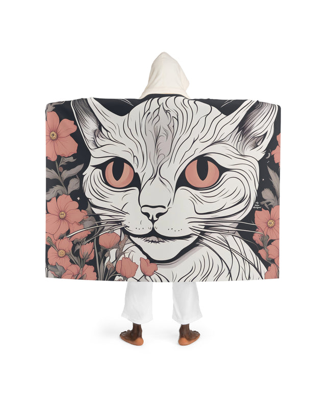 Vampire Cat with Flowers, Cozy Hooded Sherpa Fleece Blanket