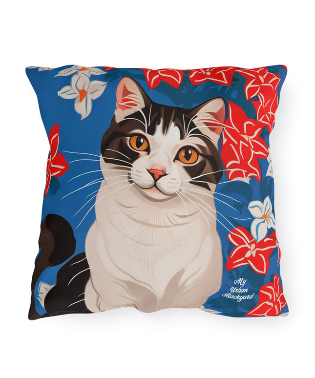 Cat w Red White + Blue Flowers, Taupe accent color, Throw Pillow, Indoor/Outdoor Decor for Home or Office