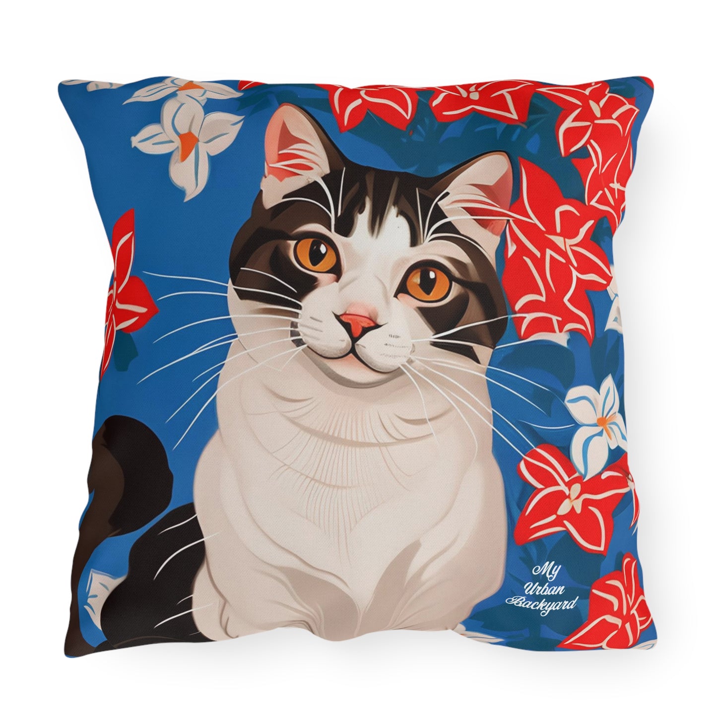 Cat w Red White and Blue Flowers, Taupe accent color, Indoor/Outdoor Throw Pillow, Decor for Home or Office