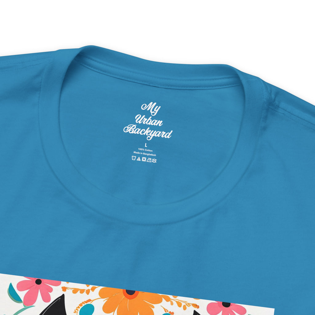 Black Cat w Green Eyes & Flowers, Soft 100% Jersey Cotton T-Shirt, Unisex, Short Sleeve, Retail Fit