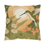 Green Hummingbird w Flowers, Taupe accent color, Throw Pillow