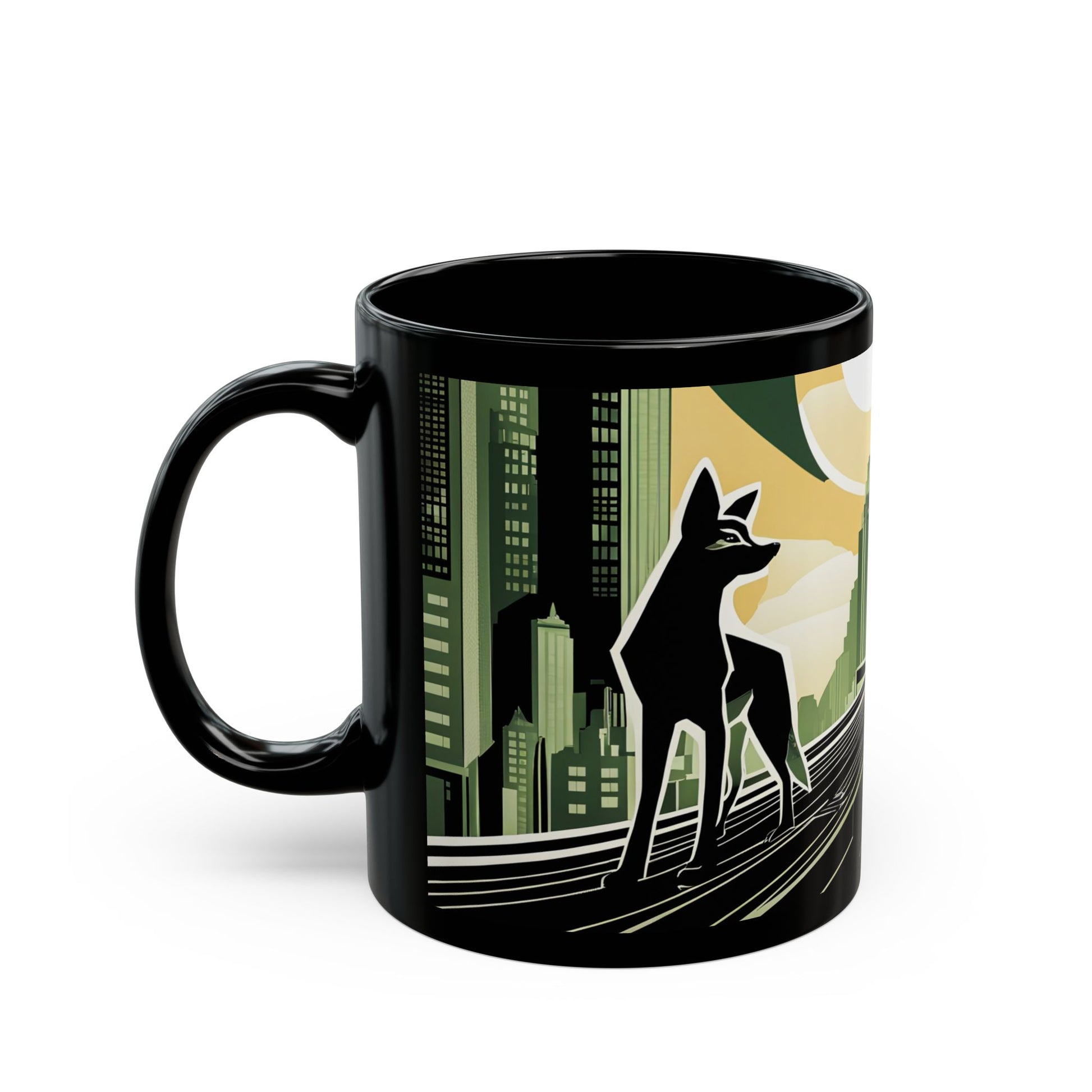 Art Deco Coyote Mug, Unique 11oz/15oz Black Coffee Cup, Retro Home Decor, Gift for Animal Lovers, Vintage Style, Perfect for Any Occasion