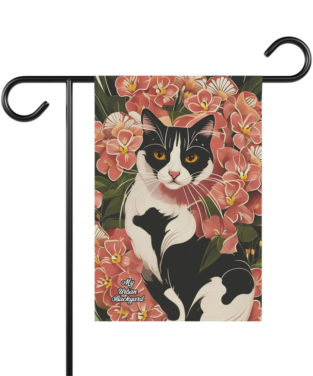 Black & White Cat in Flowers, Garden Flag for Yard, Patio, Porch, or Work, 12"x18" - Flag only