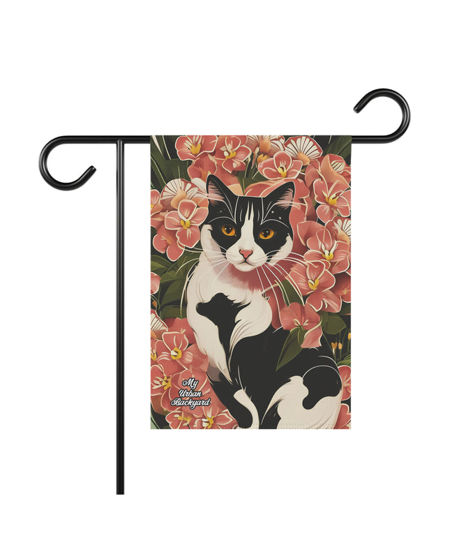 Black & White Cat in Flowers, Garden Flag for Yard, Patio, Porch, or Work, 12"x18" - Flag only